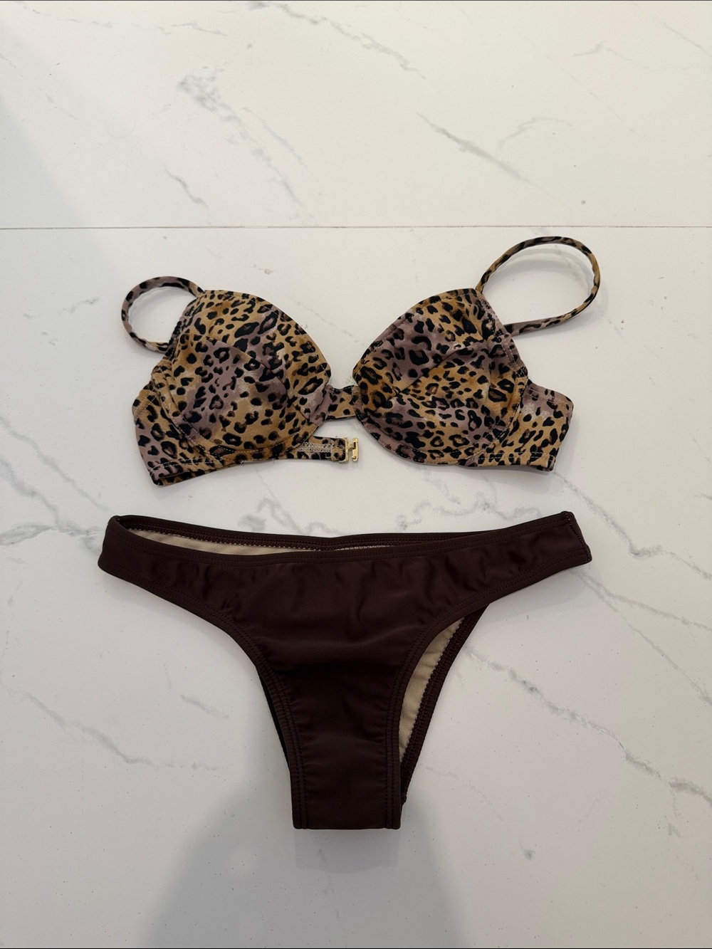 Leopard Print Push-Up Bikini Top with Chocolate Brown Bottom
